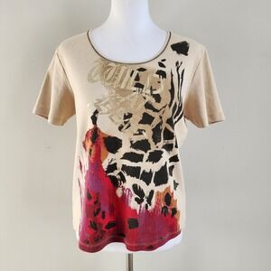 Betty Barclay Shirt Womens 12 Wild At Heart Gold Graphic Rock Leopard Print Top